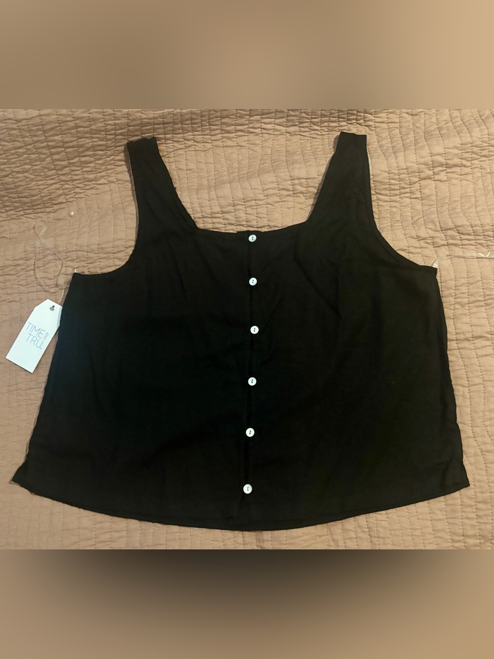 Time and Tru Black Square Neck Linen Tank w/ Wide Straps & Buttons Down the Back - Picture 2 of 4